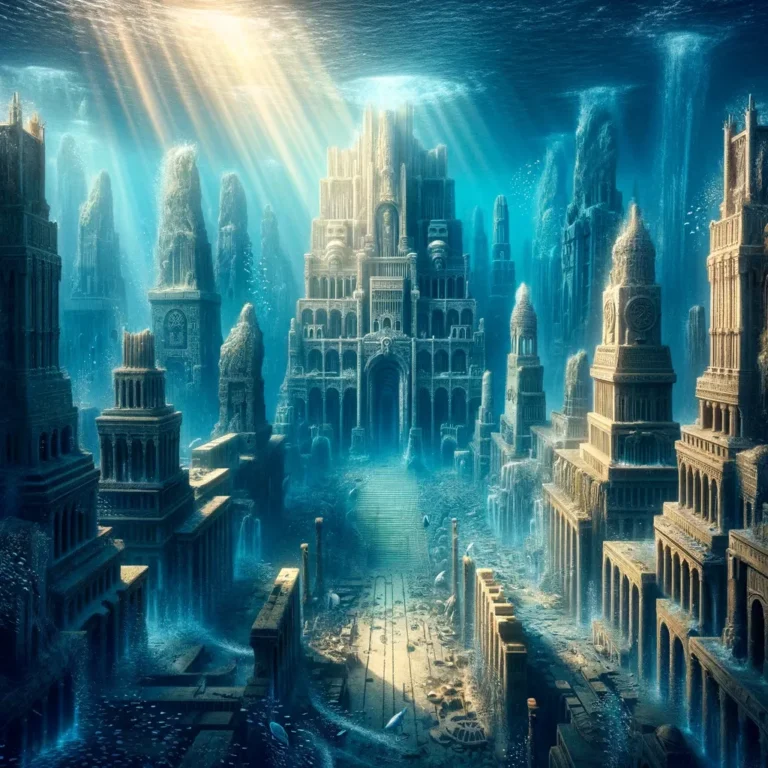 The mythical ancient city of Atlantis in its final moments, a grand civilization known for its advanced technology and majestic architecture,