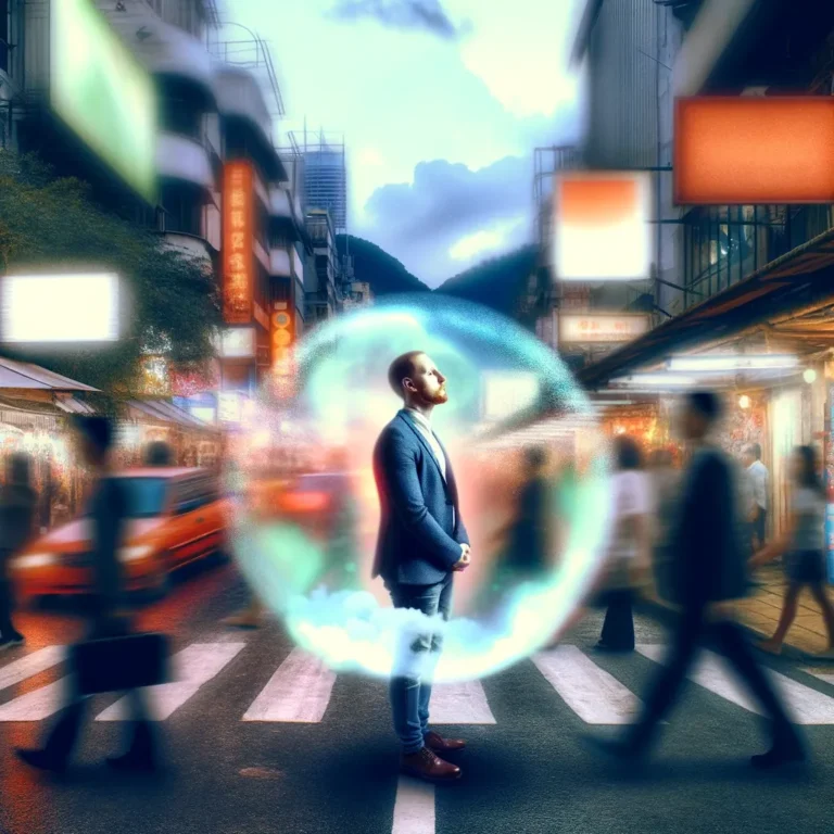 A concept art piece that depicts a man walking around a noisy street but completely immersed in his thoughts, illustrating The Healing Power of