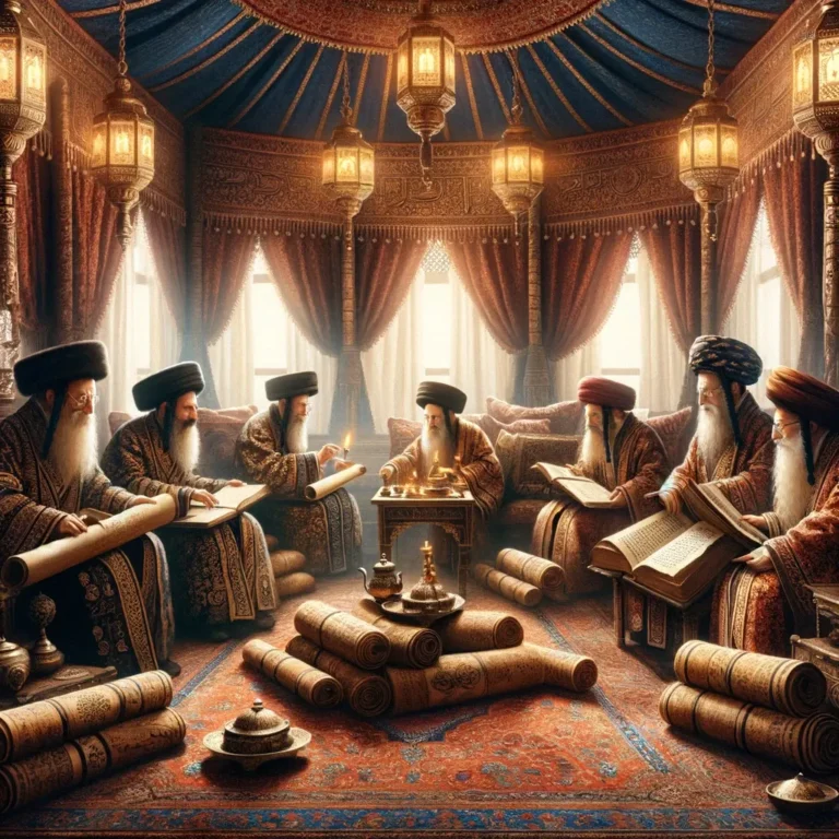 A cozy royal tent adorned with Persian rugs and dim lamps, ancient Jewish sages are gathered