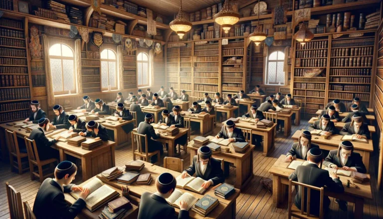 A highly detailed and hyper-realistic landscape image of young Jewish students inside a Yeshiva, engaged in learning in pairs
