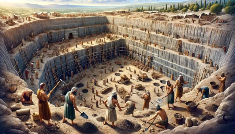 A realistic and detailed depiction of ancient Jewish workers preparing the foundation for the Holy Temple of Solomon