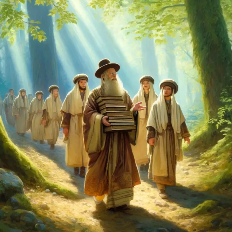 An ancient Jewish sage and his students, all wearing robes and small turbans, walk through a serene, sunlit forest