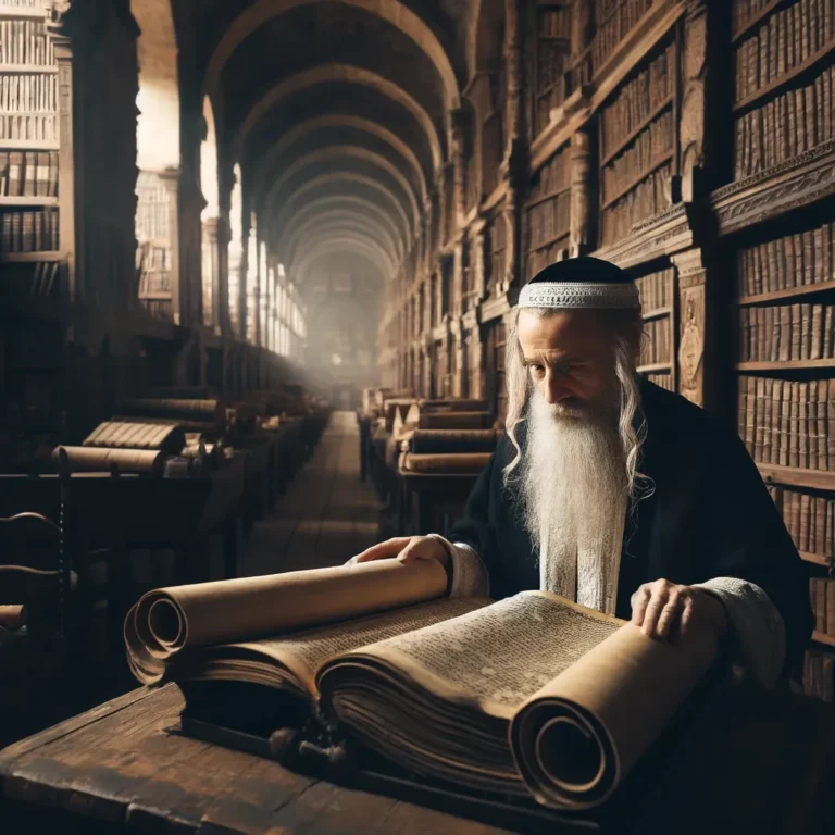 An ancient old Jewish sage, with a long white beard, dressed in traditional robes, sits at a wooden desk in an old library, deeply engrossed in studyi