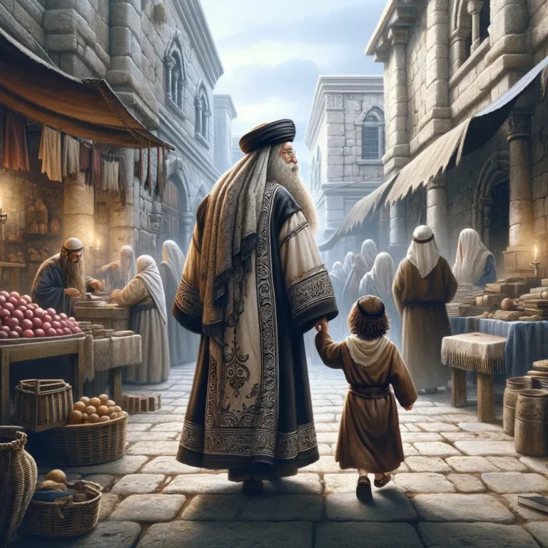 An ancient scene unfolds as a wise rabbi, robed in traditional ancient garments with a long, flowing beard, walks hand in hand with his young son thro