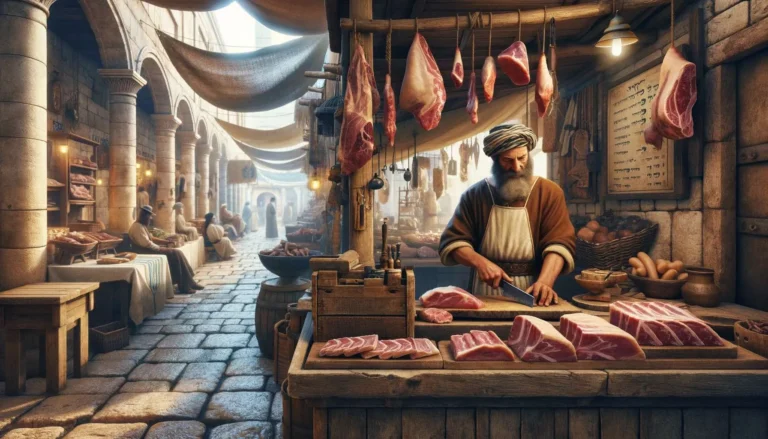 An image depicting an ancient Jewish butcher inside his store, set in a busy Israeli market from ancient times