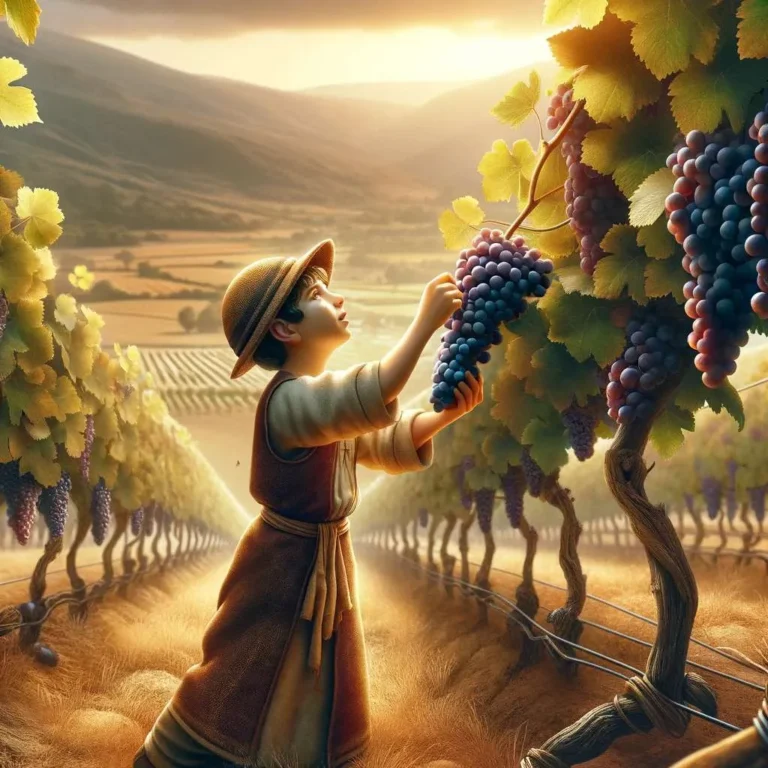 Create a variation of the previous image, still depicting a Jewish boy from ancient times in traditional clothes, reaping a grape cluster in a vineyar