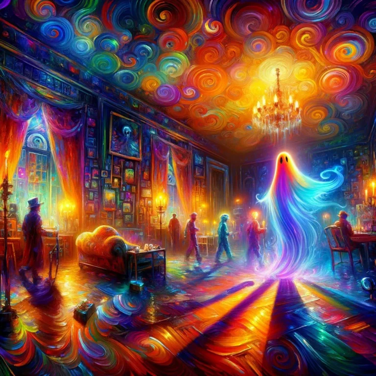 Create an image that captures the essence of a paranormal investigation, but with a twist that introduces a vibrant variance using acrylic paint style
