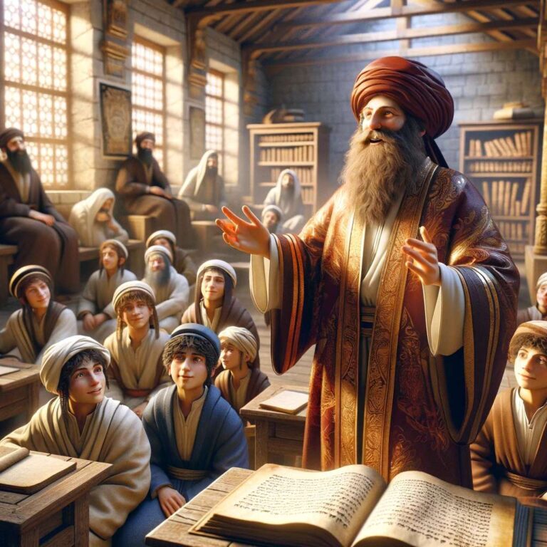 DALL·E 2024-01-11 14.37.54 - Create a realistic, colorful, and detailed image of a Rabbi from ancient times happily teaching a group of young boys in a classroom