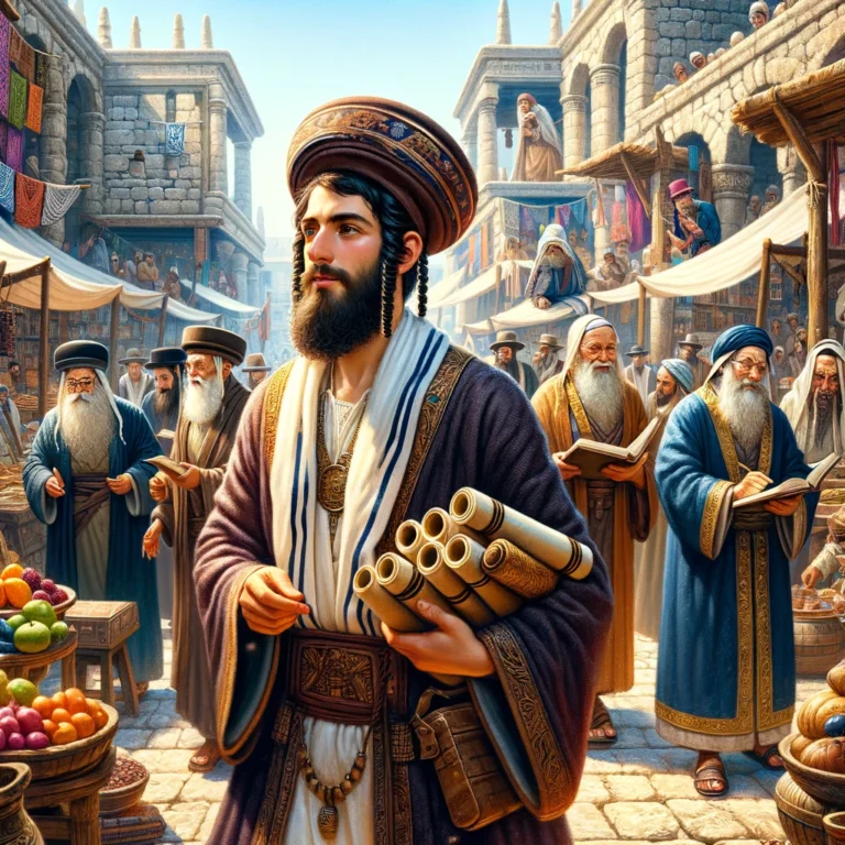 DALL·E 2024-05-23 12.09.13 - An ancient Jewish scholar with short hair and wearing a yarmulka, surrounded by sages, walking in a bustling marketplace
