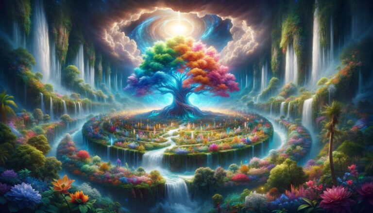 DALL·E 2024-01-08 21.15.40 - A concept design of the Tree of Life, depicted as a vibrant, colorful tree located in the center of a sumptuous, lush garden