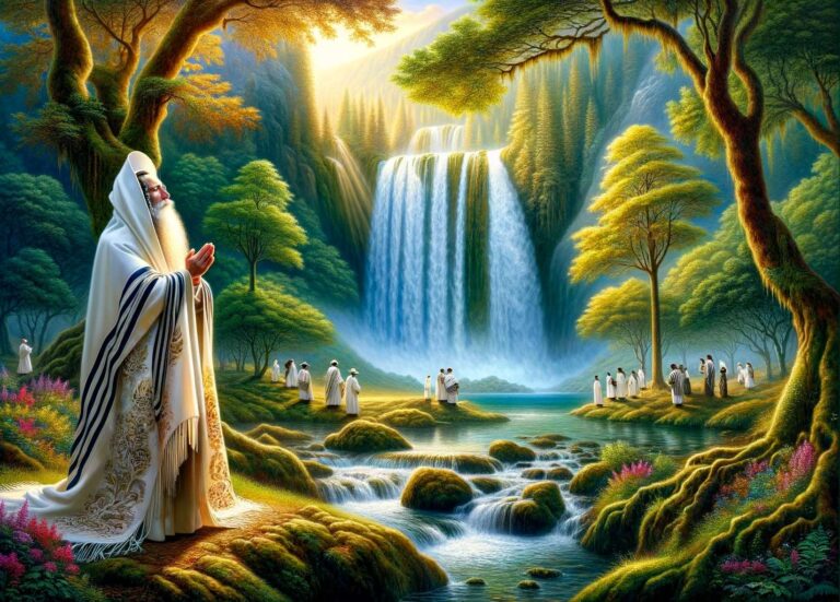 DALL·E 2024-01-09 09.43.27 - An ancient Jewish sage with a long white beard, dressed in traditional white robes, is depicted praying in a serene, dense forest