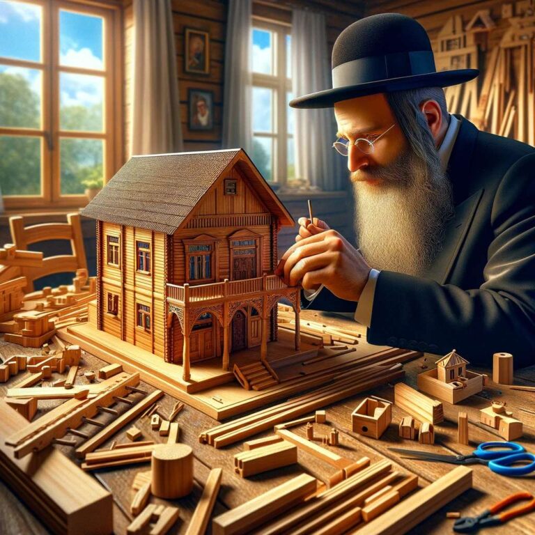 DALL·E 2024-01-15 19.55.21 - A vivid and realistic scene of a Jewish man deeply focused on building a larger miniature wooden house on a table