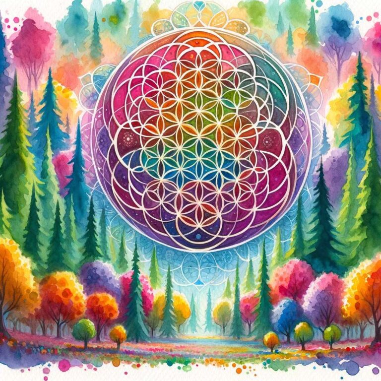DALL·E 2024-01-23 19.52.27 - A watercolor painting depicting the concept of Kabbalah's Flower of Life, situated in the middle of a colorful forest