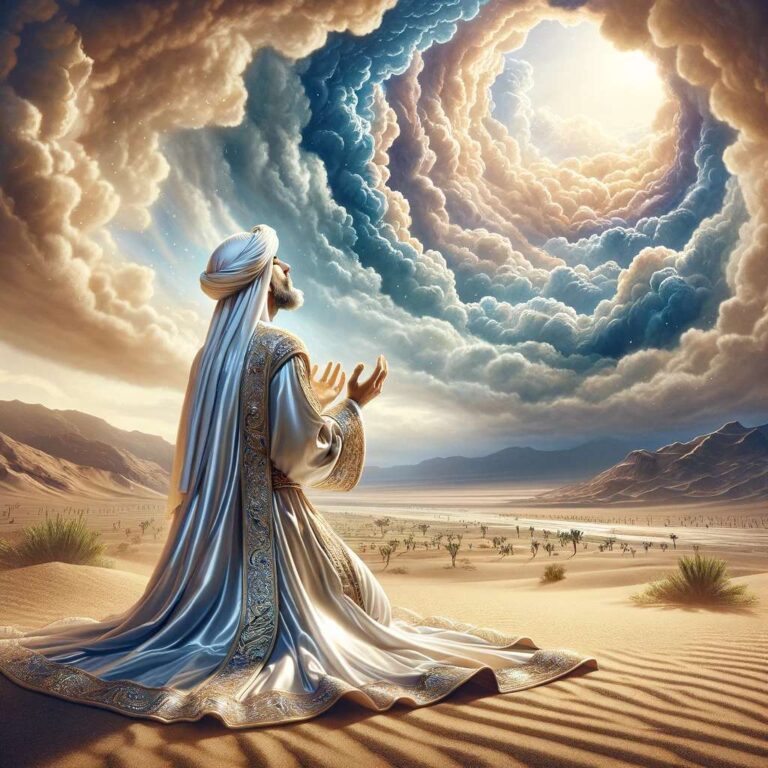 DALL·E 2024-01-31 22.06.42 - An image of a prophet dressed in royal, shiny white clothes, praying in the desert