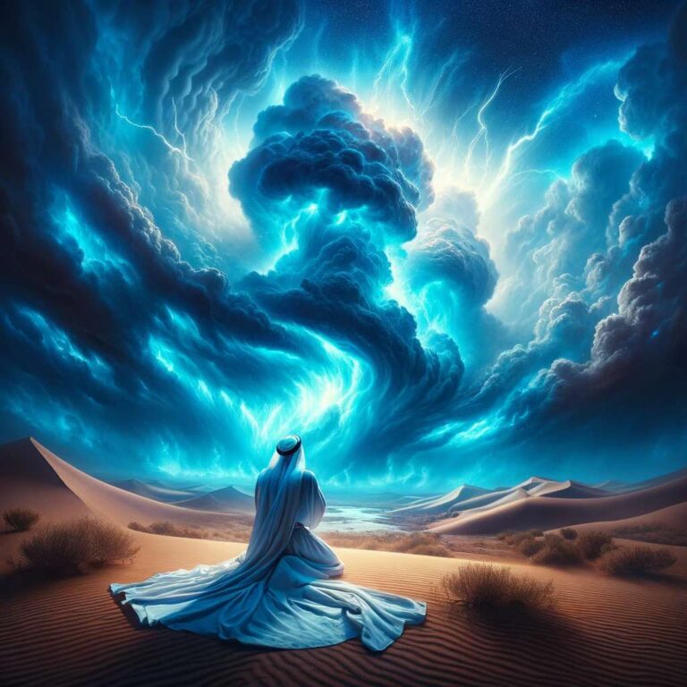 DALL·E 2024-01-31 22.09.20 - A variant of the previous scene, showing the prophet in royal white clothes praying in the desert, with the sky dramatically opening above him
