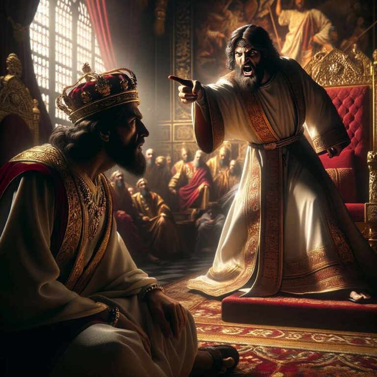 DALL·E 2024-01-31 22.11.18 - A dramatic image showing the same prophet in royal white clothes, this time angrily pointing his finger at a king