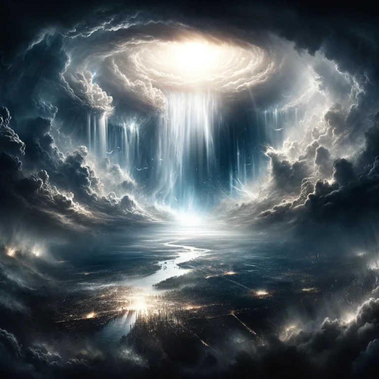 DALL·E 2024-03-04 12.32.04 - A dramatic scene unfolds as the heavens burst open with an immense, radiant light piercing through dark, tumultuous clouds