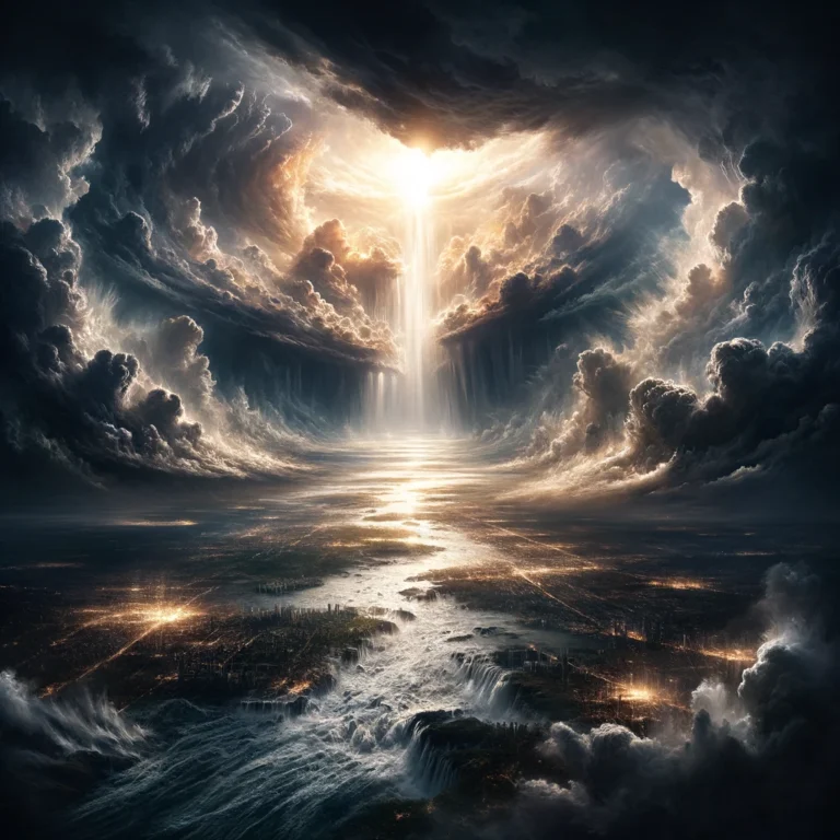 DALL·E 2024-03-04 12.32.08 - A dramatic scene unfolds as the heavens burst open with an immense, radiant light piercing through dark, tumultuous clouds