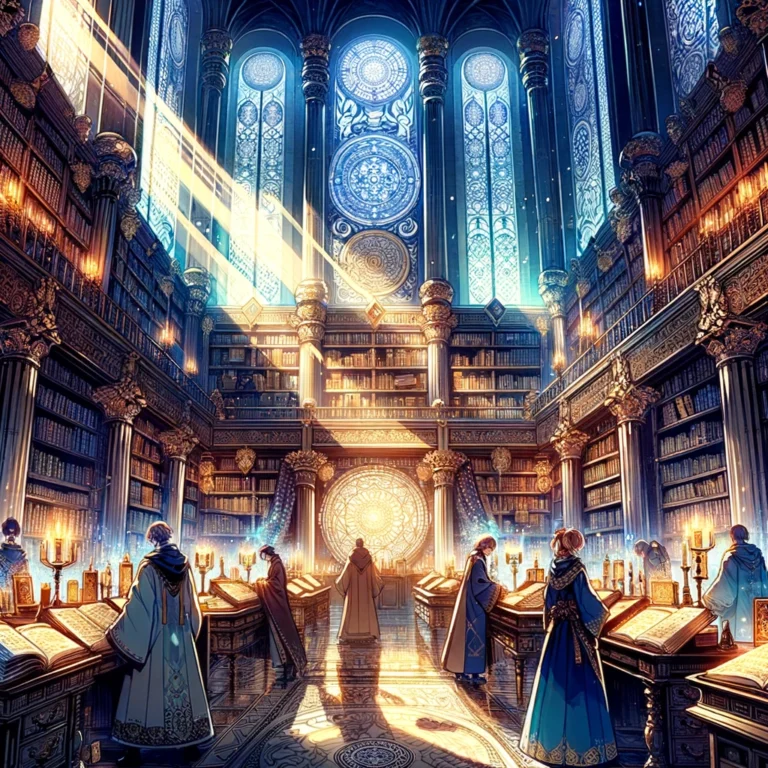 DALL·E 2024-03-05 13.58.29 - Envision a scene set in an ancient, mystical library, but illustrated in a vibrant manga style