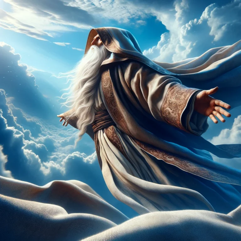 DALL·E 2024-03-06 18.26.32 - Visualize an awe-inspiring ancient Jewish prophet, draped in traditional robes with a hood covering his head, soaring through the vast blue sky