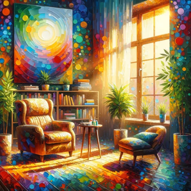 DALL·E 2024-03-26 12.35.00 - Create a vibrant, colorful oil painting that explores the theme of therapy. The artwork should convey a sense of healing, comfort, and introspection
