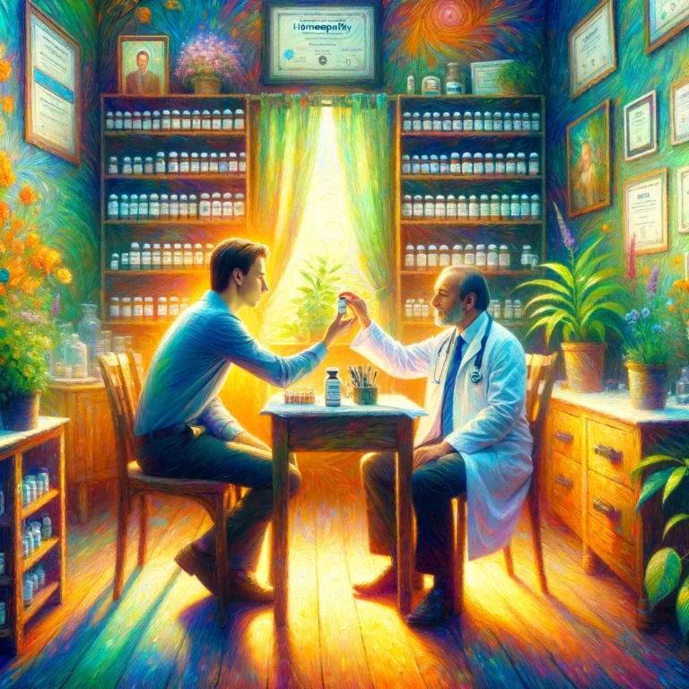 DALL·E 2024-03-26 12.36.07 - Create a vibrant, colorful oil painting that depicts a doctor administering homeopathy treatment