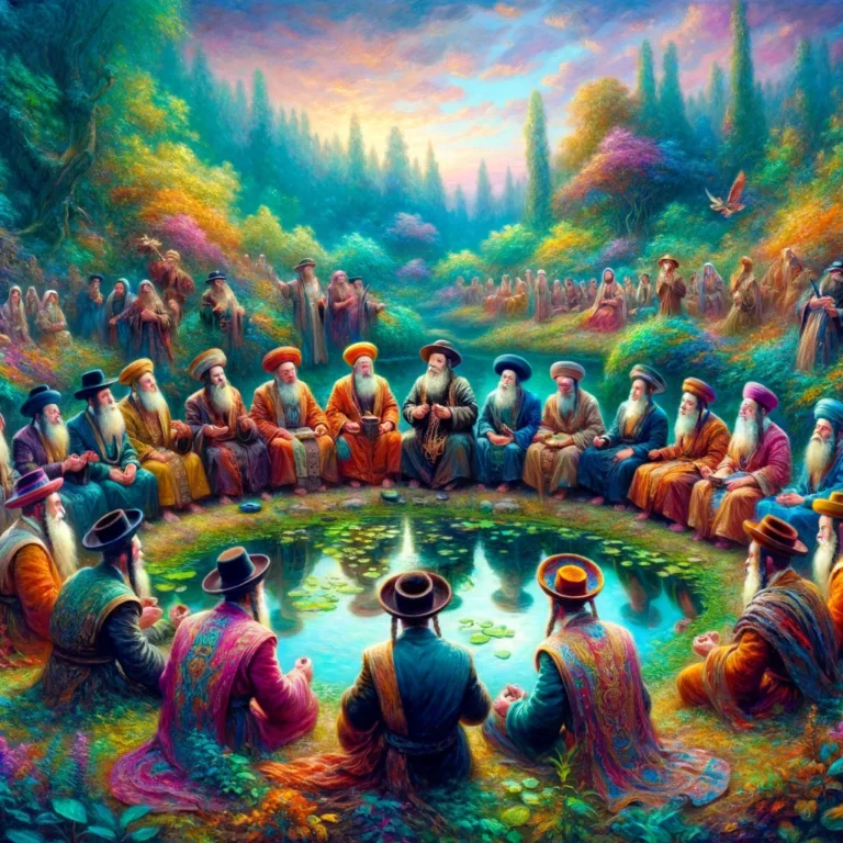 DALL·E 2024-03-26 12.48.07 - An oil painting depicting ancient Jewish men, each wearing a small, colorful turban, gathered around a serene pond in a vibrant, lush landscape