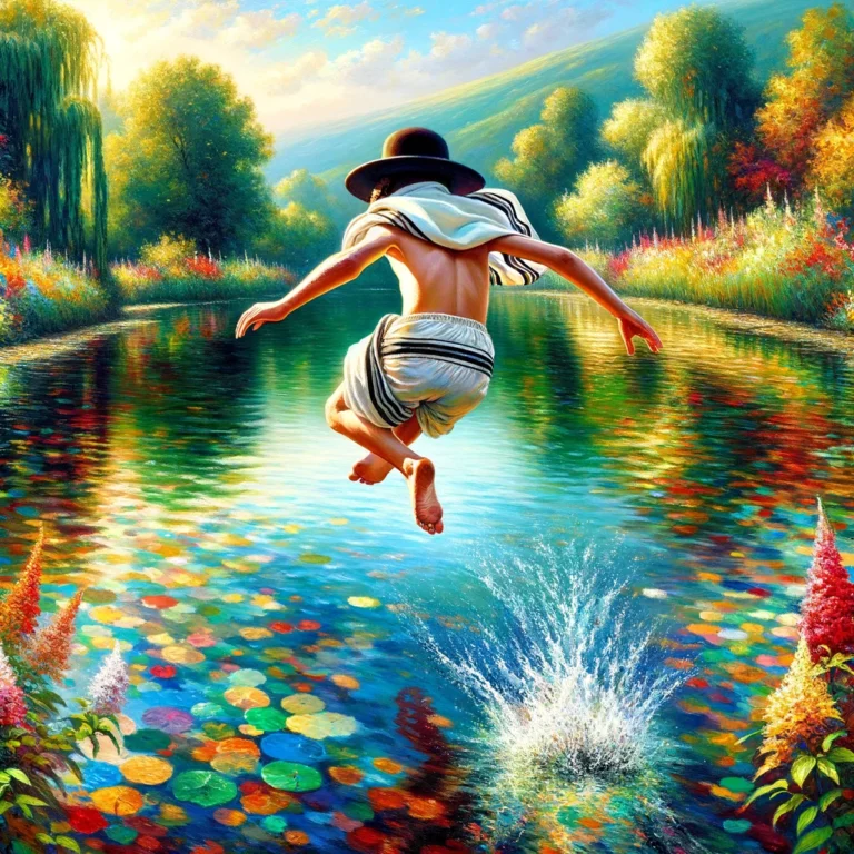 DALL·E 2024-03-26 12.53.36 - An oil painting, vibrant and colorful, capturing a moment of joy and freedom as a young Jewish boy dives into the crystal-clear waters of a lake