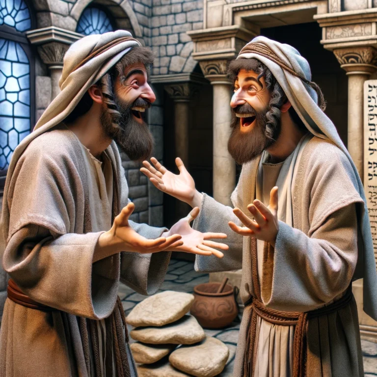 DALL·E 2024-04-01 12.59.30 - Two ancient Jewish men are humorously engaged in a discussion in a historical setting, reminiscent of a lively debate
