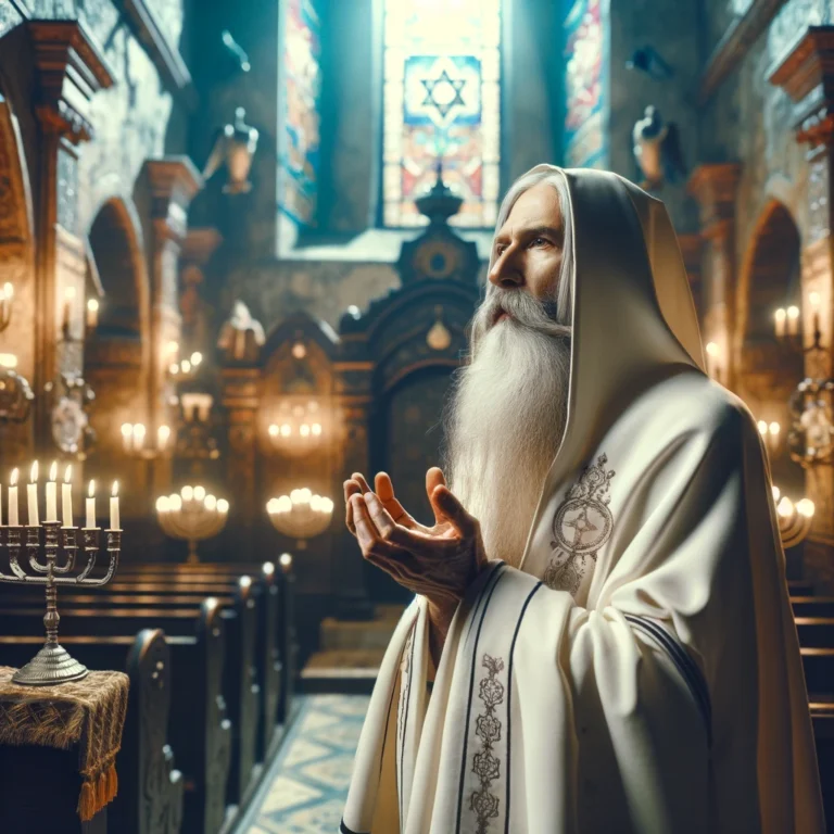 DALL·E 2024-04-01 16.24.12 - An ancient Jewish sage dressed in white robes, with a long beard, is standing in prayer at a synagogue