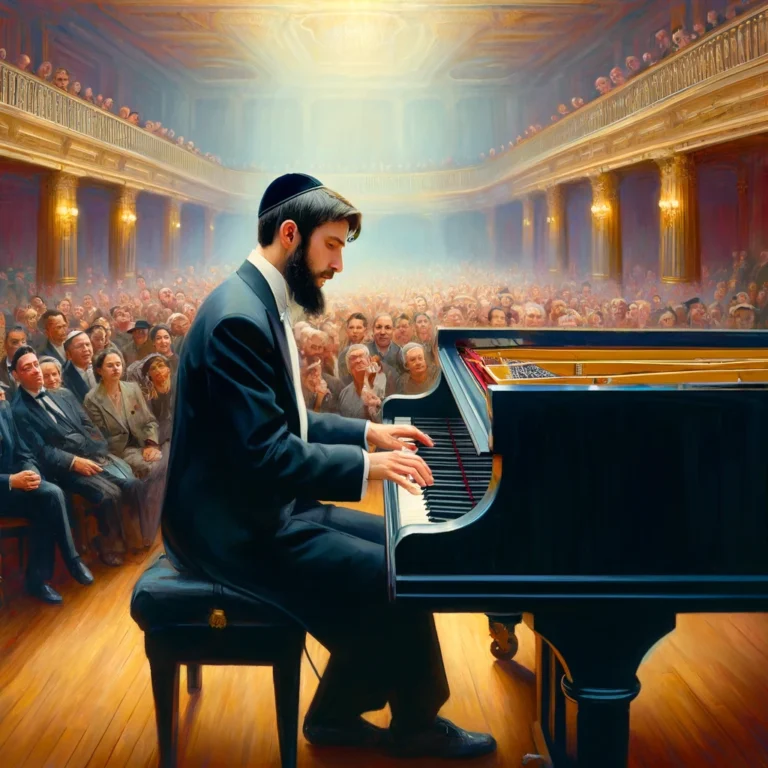 DALL·E 2024-04-01 16.51.15 - A talented Jewish man is seated at a grand piano, passionately playing a piece of music in front of an enraptured audience