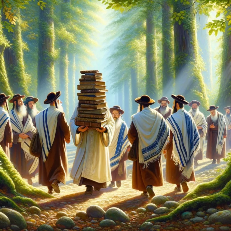 DALL·E 2024-04-02 10.43.53 - An ancient Jewish sage and his students, all wearing robes and small turbans, walk through a serene, sunlit forest