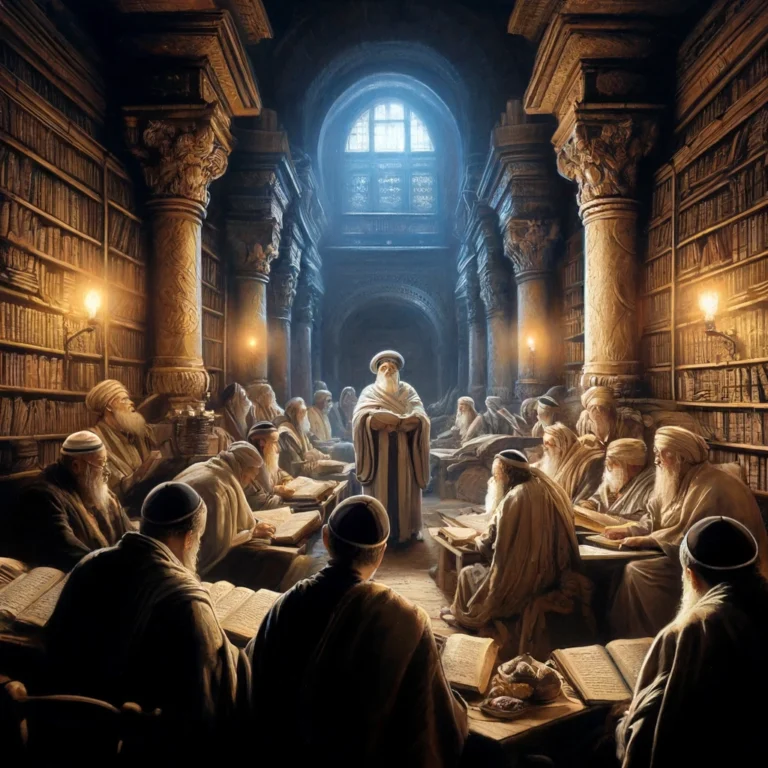 DALL·E 2024-04-02 10.48.19 - A variation of the scene with an ancient Jewish sage and his students, all wearing robes and small turbans, now indoors under artificial lighting