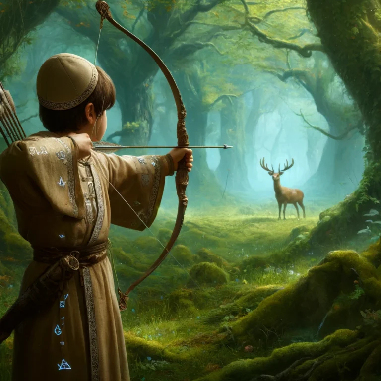 DALL·E 2024-04-02 10.53.37 - An ancient Jewish boy, dressed in traditional clothing, stands in a lush, verdant forest