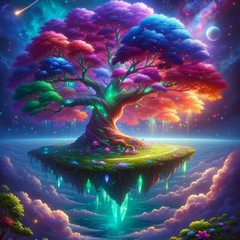 DALL·E 2024-04-02 13.15.06 - In the same magical, fantasy-style as the starry sky, envision a vibrant, colorful giant tree standing majestically on a floating sky island