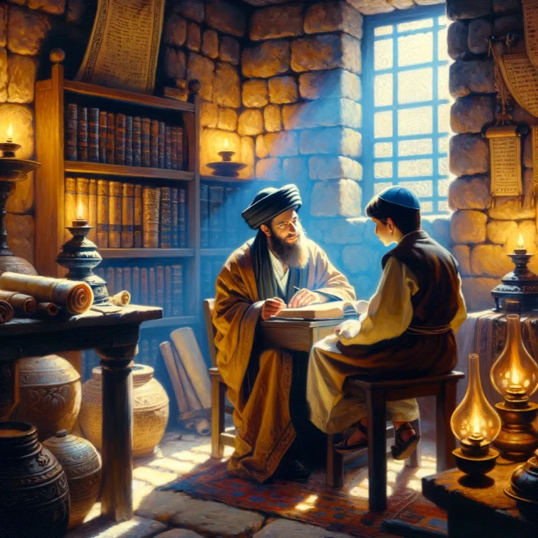 DALL·E 2024-04-03 10.55.20 - An ancient setting reimagines the heartfelt moment between a young Rabbi and a young man seeking guidance as an acrylic painting