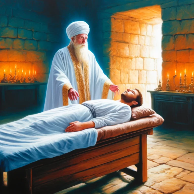 DALL·E 2024-04-03 11.18.06 - An acrylic painting set in an ancient setting, depicting a Rabbi performing energy healing