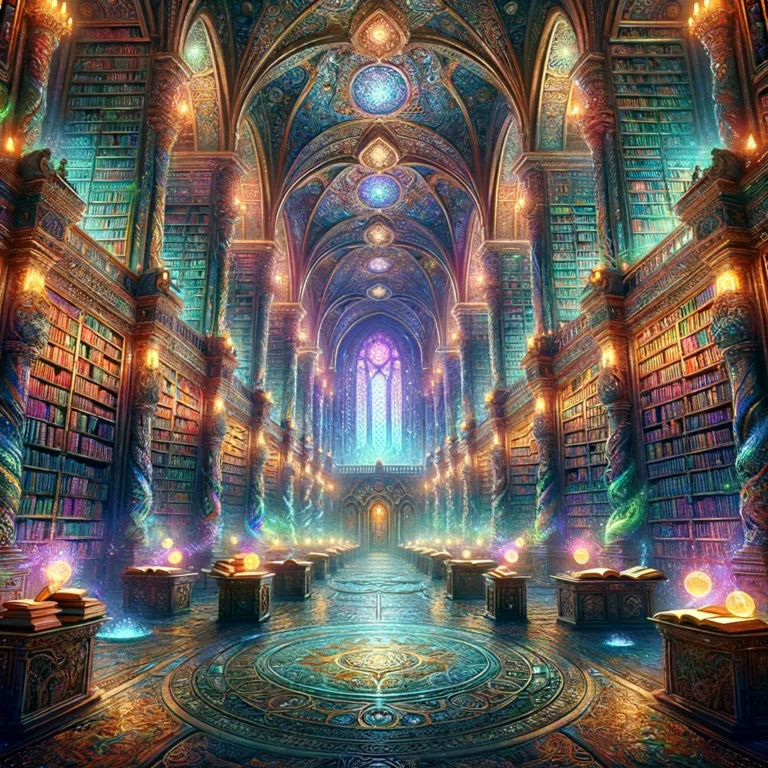 DALL·E 2024-04-03 12.20.20 - Envision an ancient library, rendered in the same vibrant and fantastical style as the previous scenes, filled to the brim with ancient books