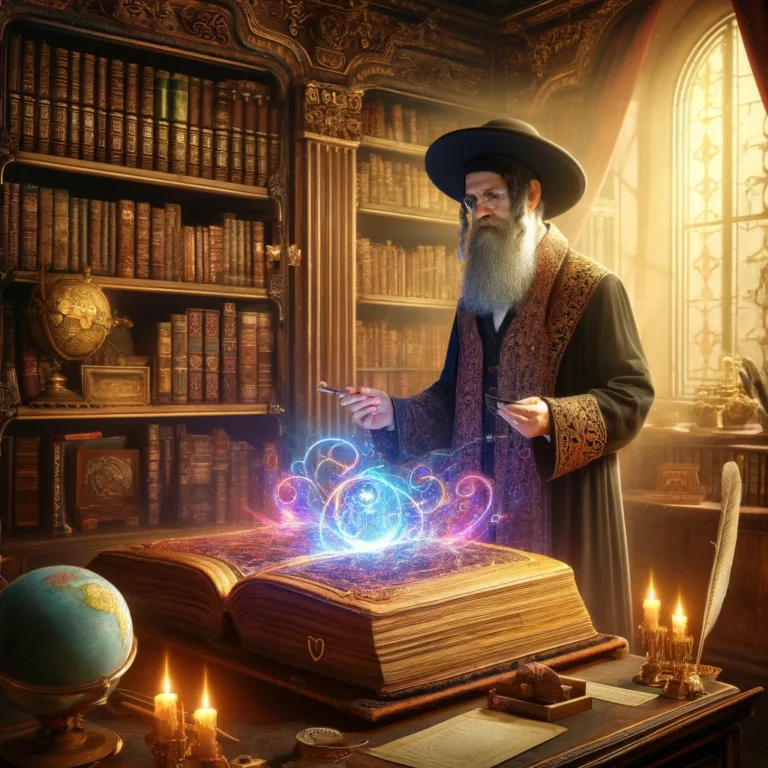 DALL·E 2024-04-04 10.58.59 - An ancient Jewish man, with a long beard and traditional attire, stands in his richly decorated, wood-paneled office