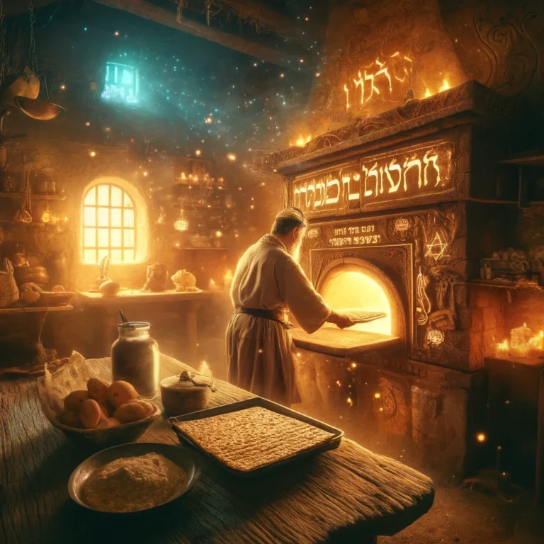 DALL·E 2024-04-04 15.17.58 - Visualize an ancient Jewish man baking Matzah in an oven, captured with the same fantastical and vibrant style as the previous images