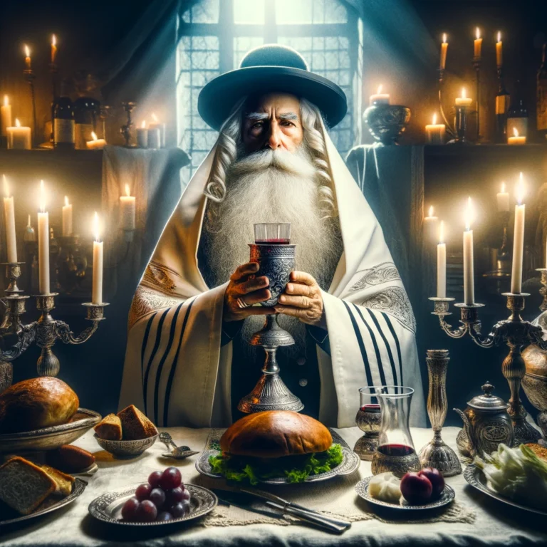 DALL·E 2024-04-07 13.19.52 - An ancient Jewish elder, with a long, flowing white beard and wearing traditional garments, stands solemnly at the head of a Shabbat table
