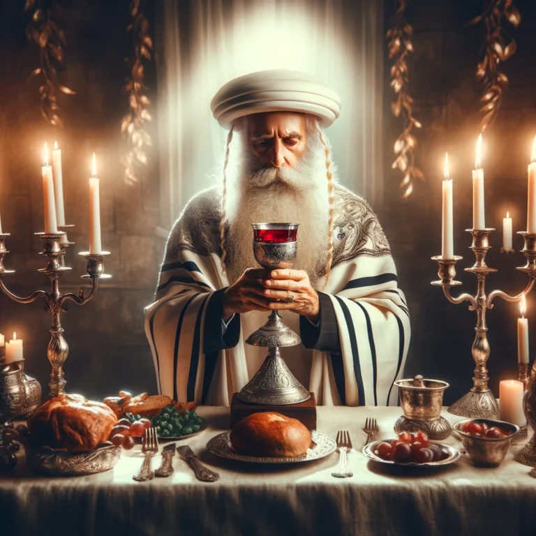 DALL·E 2024-04-07 13.19.59 - An ancient Jewish elder, with a long, flowing white beard and wearing traditional garments, stands solemnly at the head of a Shabbat table