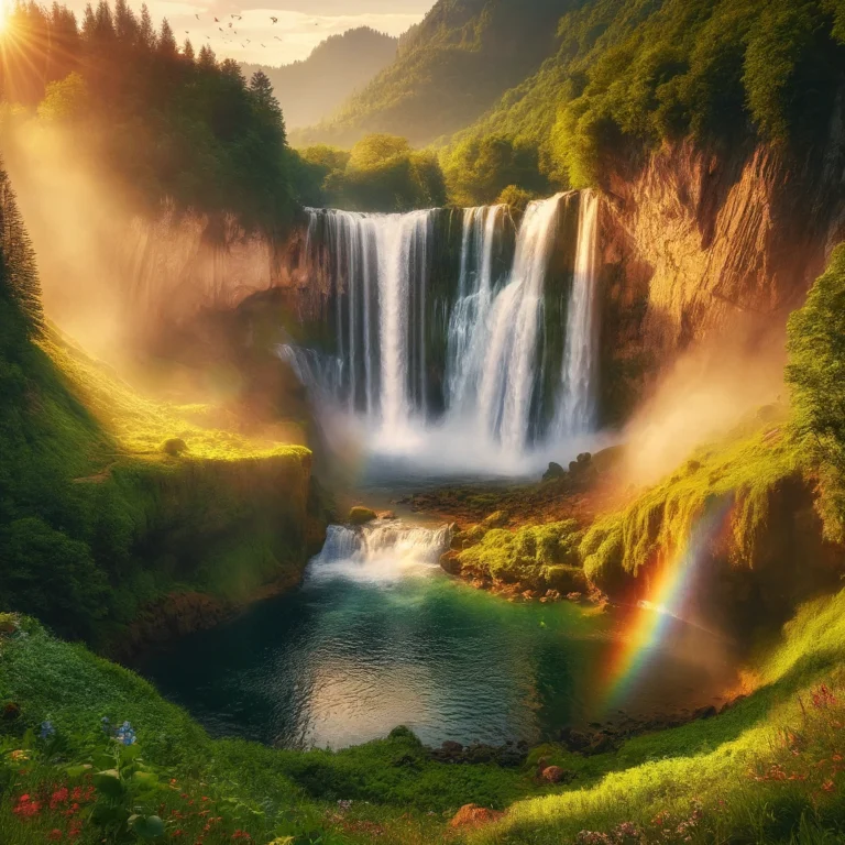 DALL·E 2024-04-08 18.11.22 - A breathtaking scene of a majestic waterfall cascading down a rocky cliff into a serene pool below