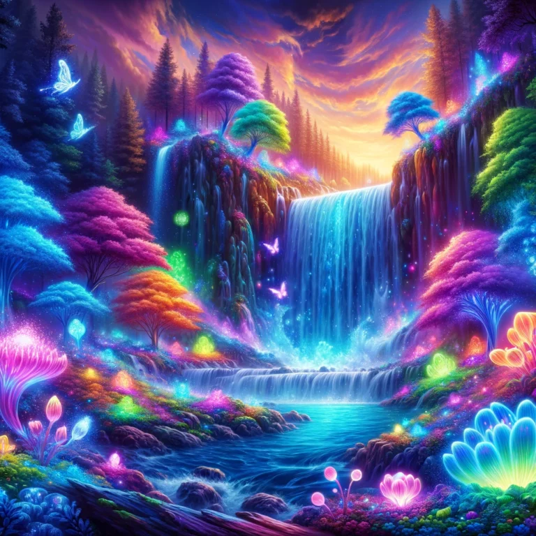 DALL·E 2024-04-08 18.19.59 - A vividly colorful and fantastical waterfall scene, bursting with enchanting hues