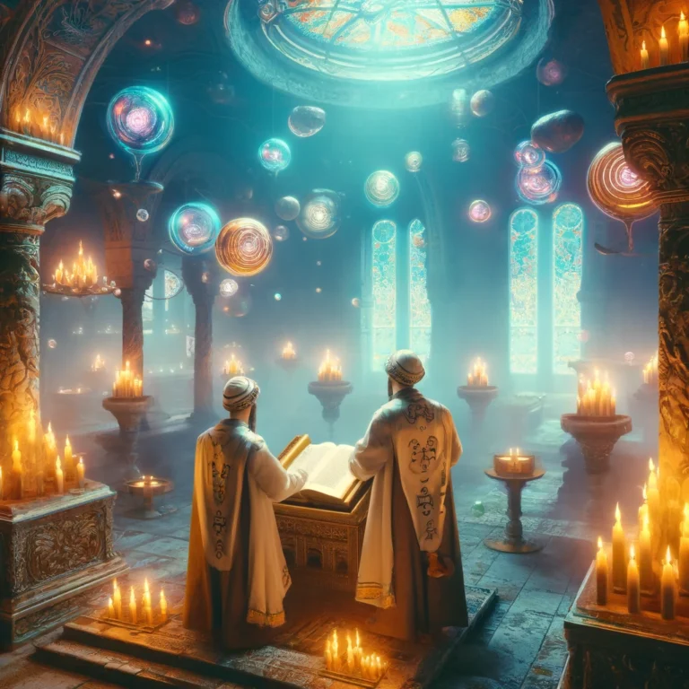 DALL·E 2024-04-14 16.13.09 - A fantastical version of an ancient synagogue scene with two young Jewish men studying the Torah