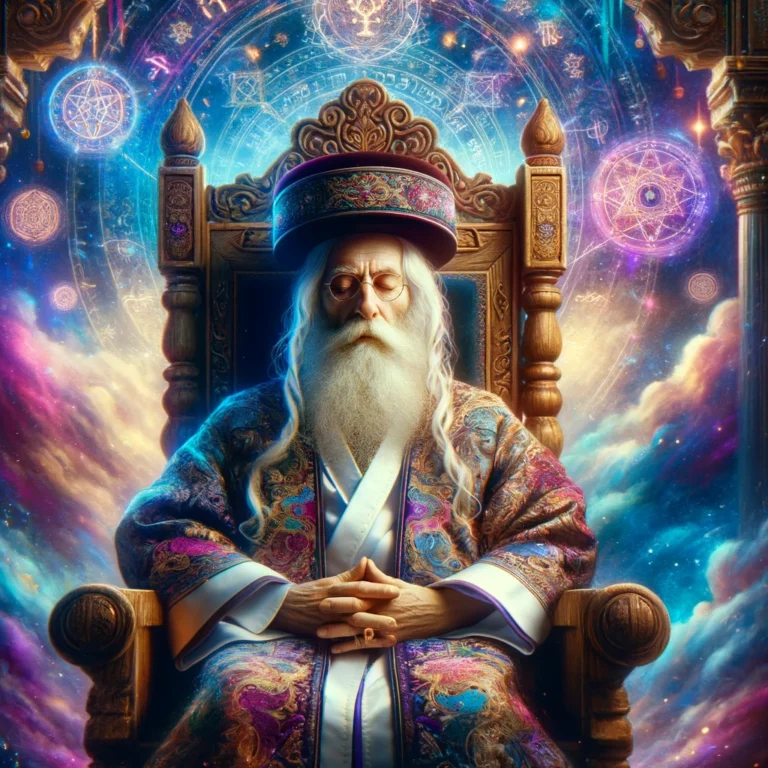 DALL·E 2024-04-14 16.39.17 - An ancient Jewish sage, depicted with a long white beard and traditional attire, meditating peacefully on an ornate wooden chair
