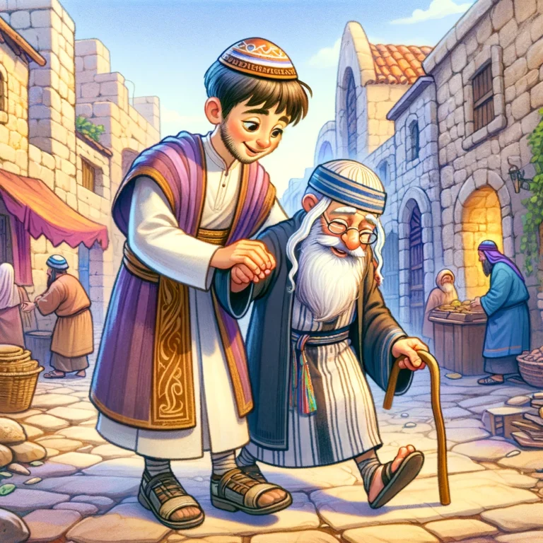 DALL·E 2024-05-23 11.42.02 - An ancient Jewish young man with short hair, small sidelocks, and wearing a yarmulka, helping an old sage cross the street