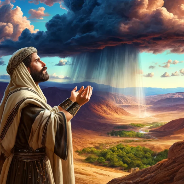 DALL·E 2024-05-23 12.05.26 - An ancient Jewish man with short hair and wearing a yarmulka, standing atop a mountain and praying with his hands raised to the sky