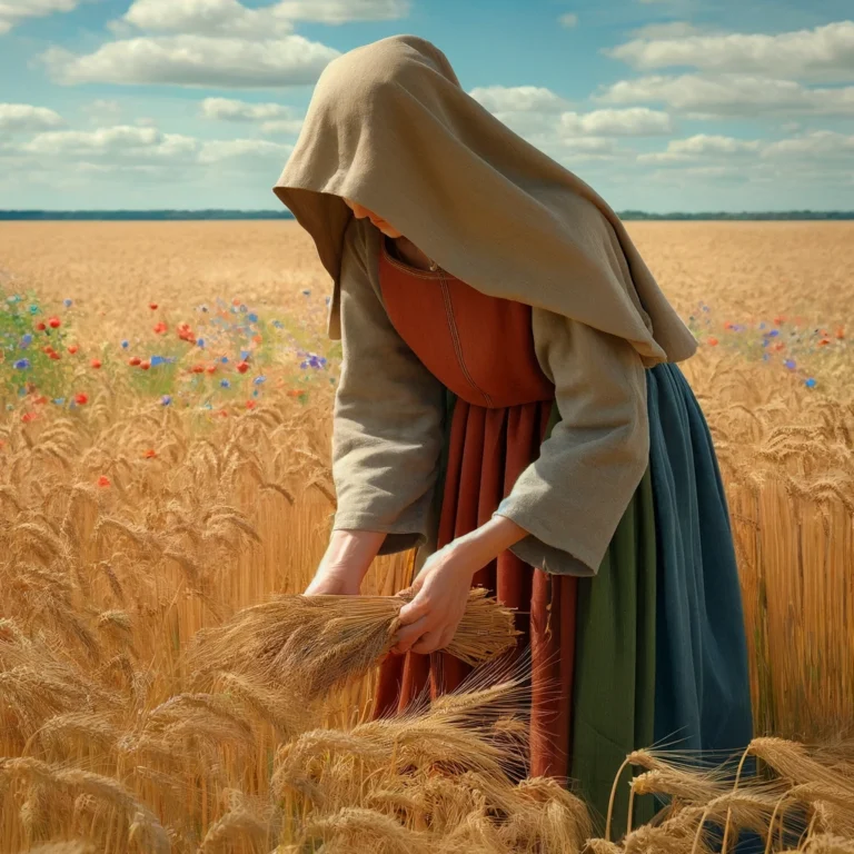 DALL·E 2024-05-30 11.48.41 - A modest woman of ancient times gathering wheat in a vast wheat field