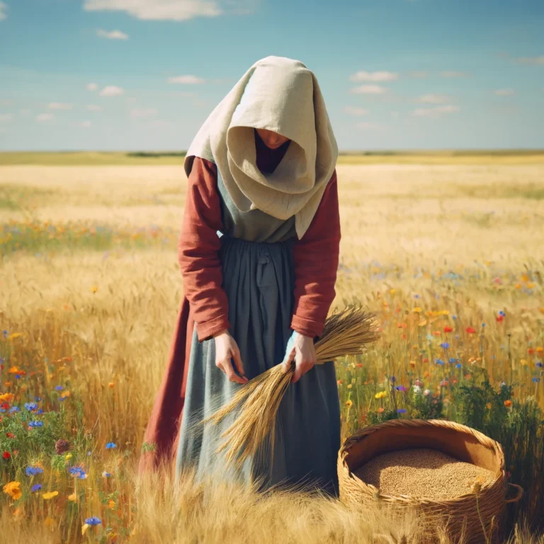 DALL·E 2024-05-30 11.48.44 - A modest woman of ancient times gathering wheat in a vast wheat field